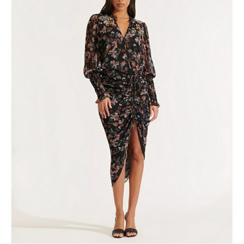 Veronica Beard Shaia Embellished Ruched Ruffle Sleeve Dress In Black Multi Sz 6